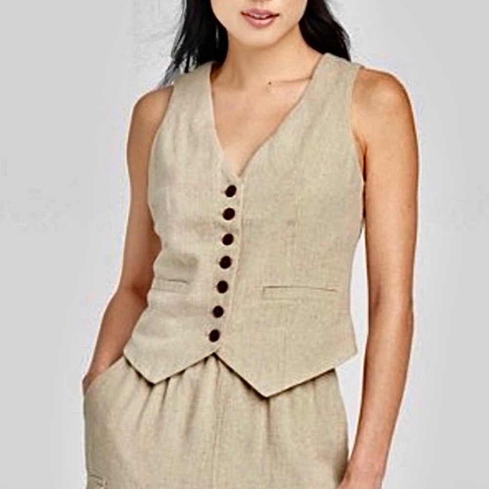 Tan beige v neck button front linen blend waistcoat vest — fully lined material - Picture 3 of 4